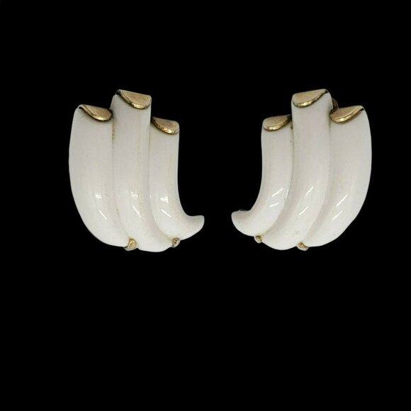 Trifari Jewelry - Crown Trifari White Lucite Abstract Wave Gold Tone Clip Earrings Mid Century